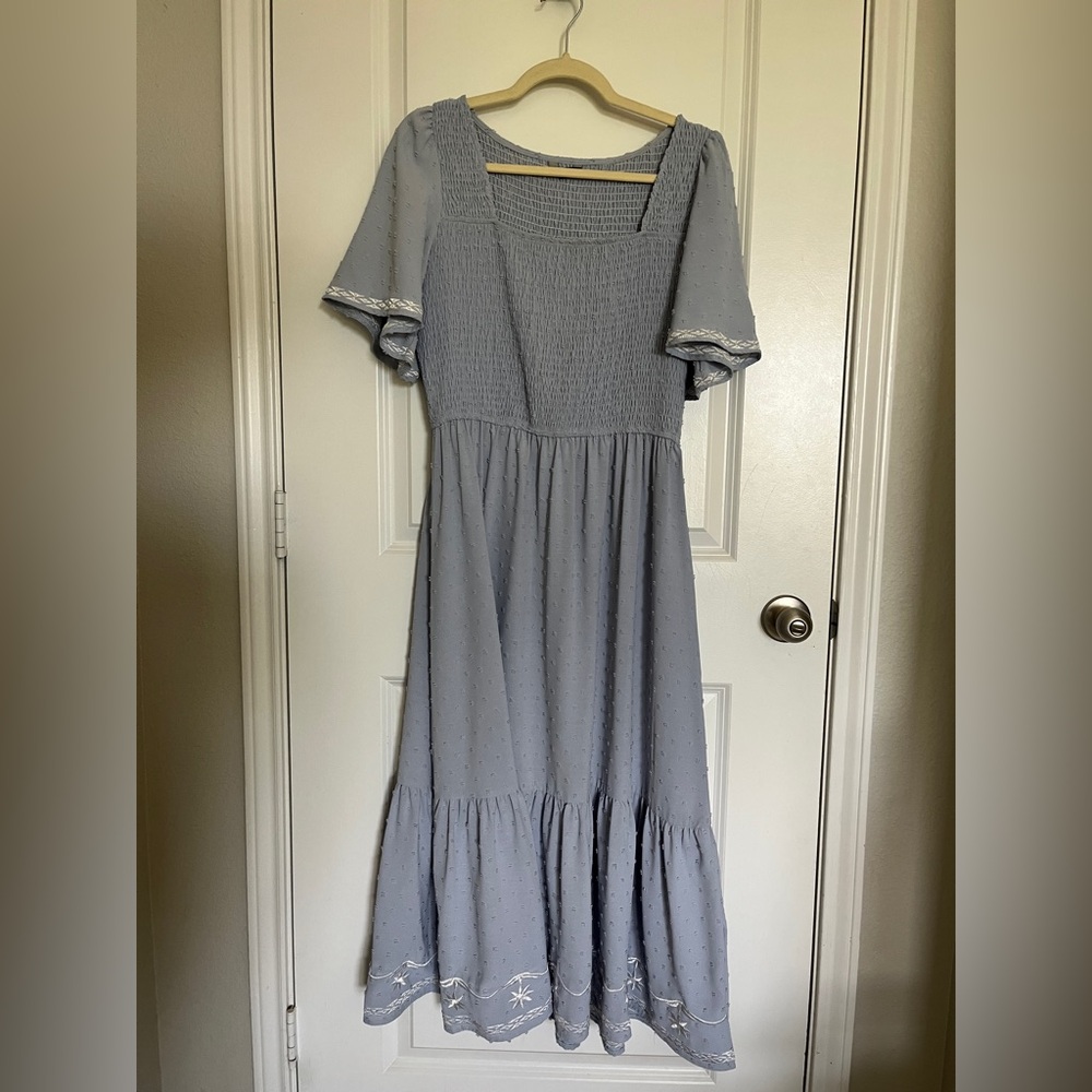Simple Dusty Blue Square-Neck Midi Dress with Smocked Bodice